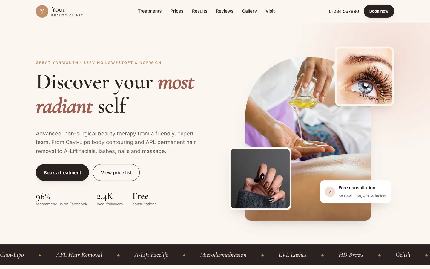 Homepage of a beauty clinic website with treatment photos and a Book a treatment button