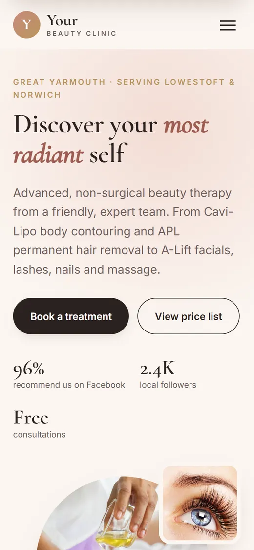 Beauty clinic website on a mobile phone