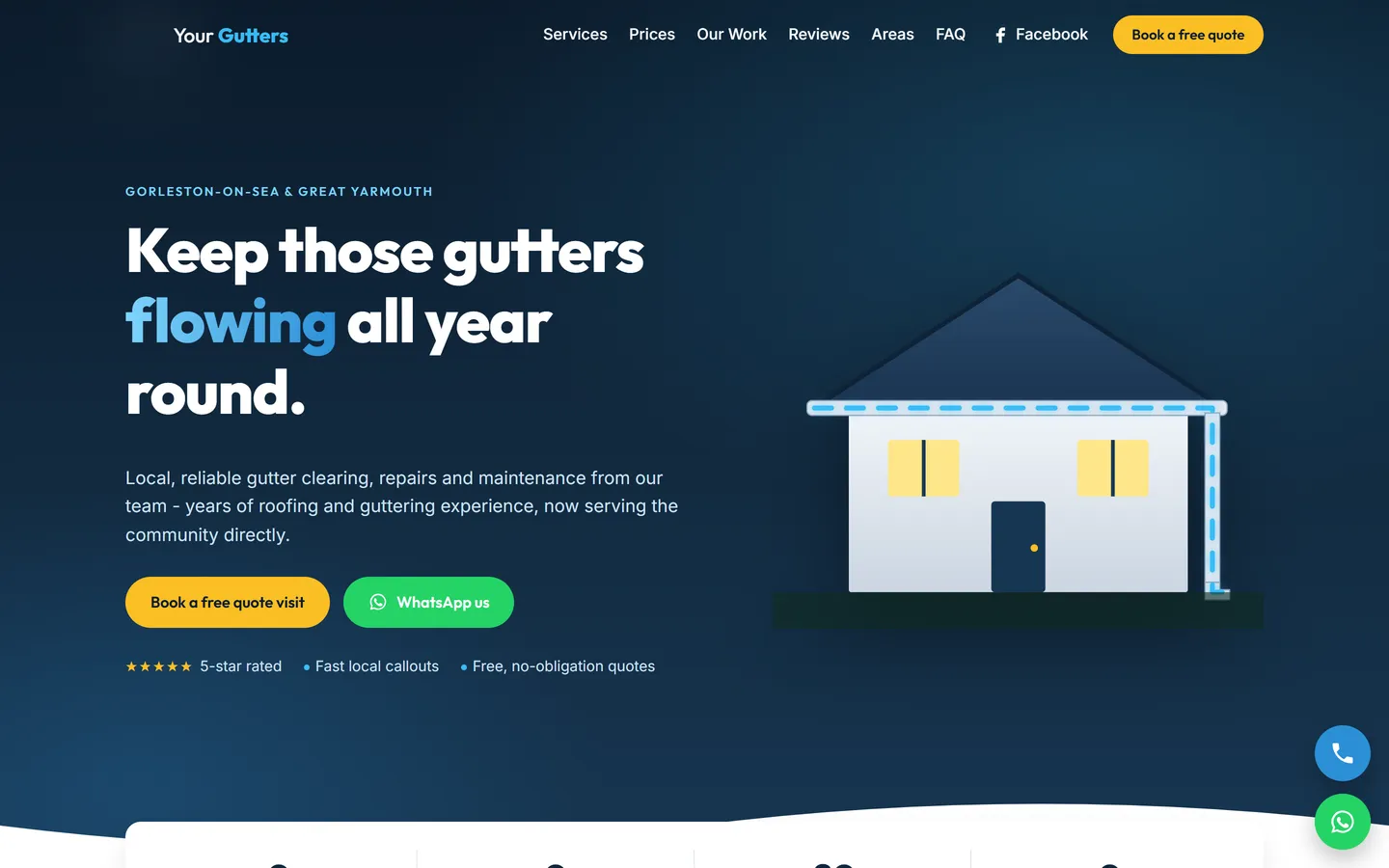 Homepage of a gutter cleaning website with an illustrated house and Book a free quote visit button
