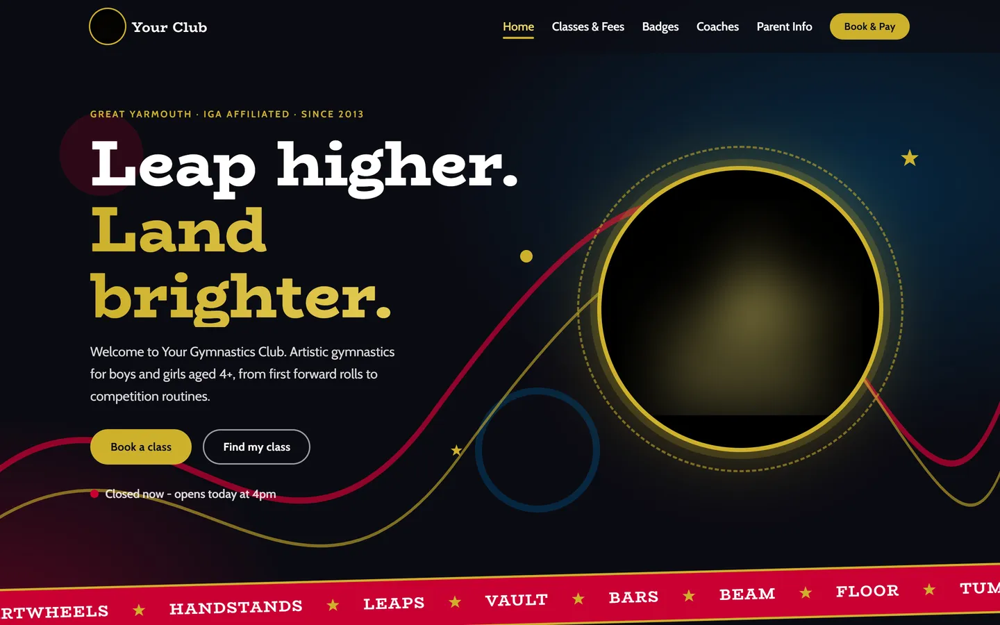 Homepage of a gymnastics club website with a bold dark design and Book a class button