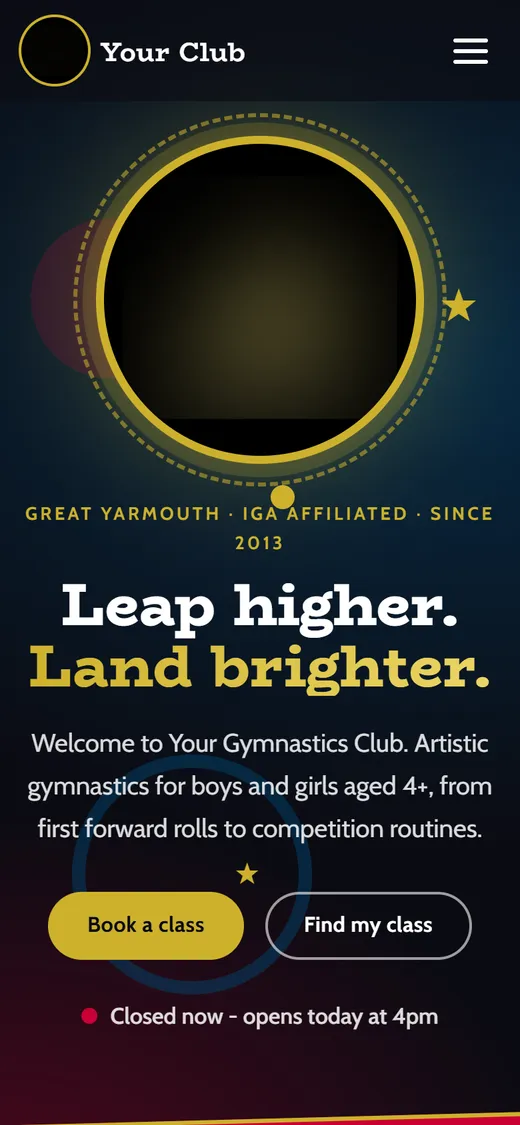 Children’s gymnastics club website on a mobile phone